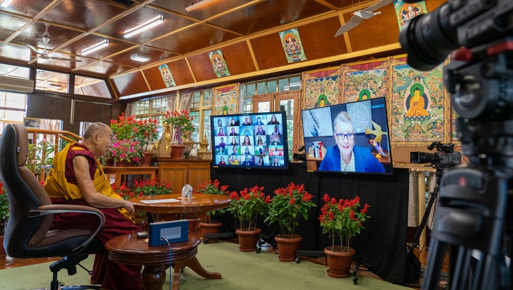 Lise Grande, President, US Institute of Peace, introducing the first day of the two day conversation with His Holiness the Dalai Lama and young peace-builders about compassion, education and equality online from his residence in Dharamsala, HP, India on October 14, 2021. Photo by Ven Tenzin Jamphel