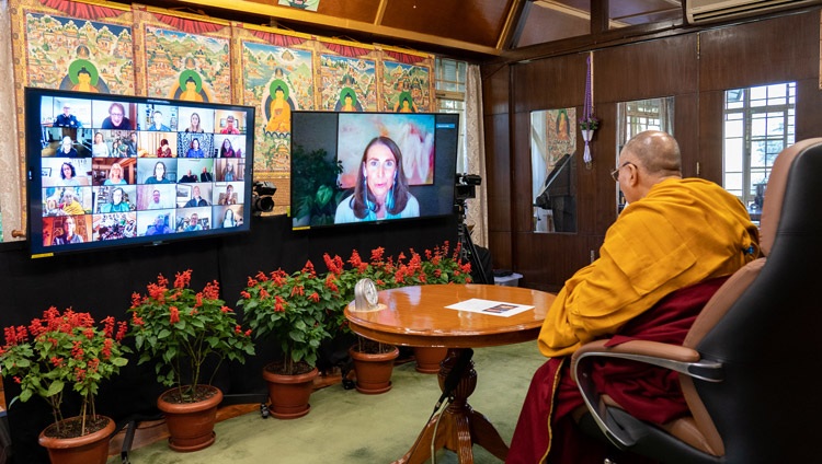 Sona Dimidjian, Institute Director, Renée Crown Wellness Institute and Professor, Department of Psychology and Neuroscience University of Colorado Boulder speaking at the start of the program with His Holiness the Dalai Lama online from his residence in Dharamsala, HP, India on October 26, 2021. Photo by Ven Tenzin Jamphel