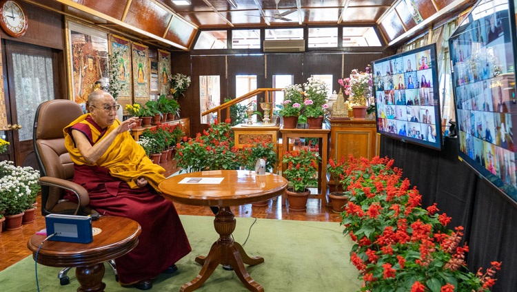 His Holiness the Dalai Lama addressing the virtual audience during his conversation on Compassion and Dignity online from his residence in Dharamsala, HP, India on October 26, 2021. Photo by Ven Tenzin Jamphel