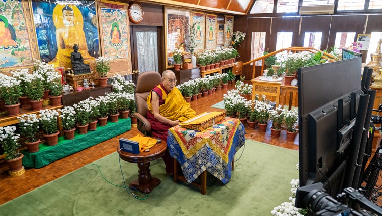 His Holiness the Dalai Lama speaking to the virtual audience on the first day of his online teachings from his residence in Dharamsala, HP, India on November 4, 2021. Photo by Ven Tenzin Jamphel