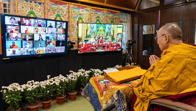 His Holiness the Dalai Lama listening members of the Kuntsechonei Datsan in St. Petersburg recite the Heart Sutra in Russian at the start of the second day of his online teachings from his residence in Dharamsala, HP, India on November 5, 2021. Photo by Ven Tenzin Jamphel