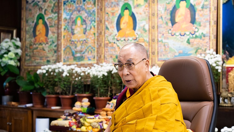 His Holiness the Dalai Lama speaking to the virtual audience on the second day of teachings requested by Russian Buddhists online from his residence in Dharamsala, HP, India on November 5, 2021. Photo by Ven Tenzin Jamphel