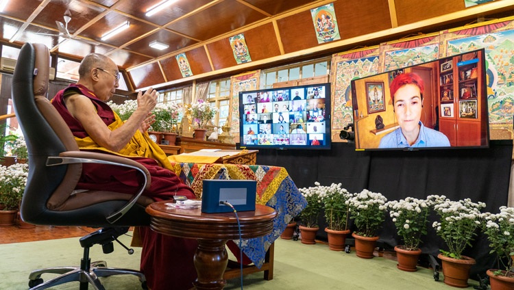 His Holiness answering questions from the virtual audience on the second day of his two day teaching requested by Russian Buddhists online from his residence in Dharamsala, HP, India on November 5, 2021. Photo by Ven Tenzin Jamphel