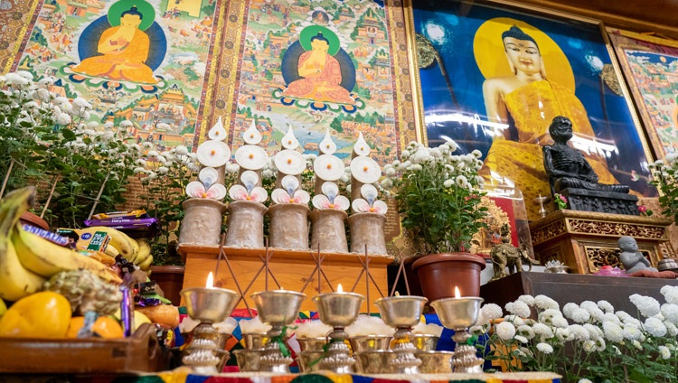 A view of the offerings arranged behind His Holiness the Dalai Lama on the second day of his online teachings from his residence in Dharamsala, HP, India on November 5, 2021. Photo by Ven Tenzin Jamphel