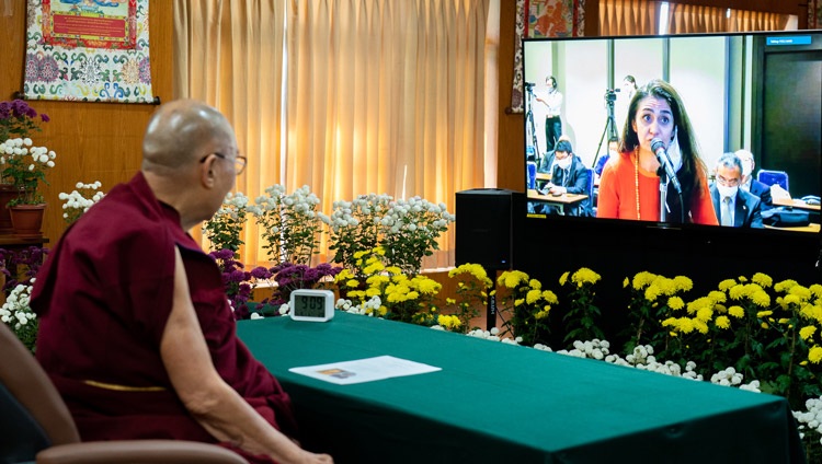 A journalist at the Foreign Correspondents` Club of Japan in Tokyo asking His Holiness the Dalai Lama a question during his online talk on Cultivating a Good Heart from his residence in Dharamsala, HP, India on November 10, 2021. Photo by Ven Tenzin Jamphel