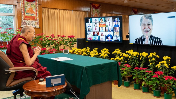 Prof Lia Diskin of Palas Athena, Brazil welcoming His Holiness the Dalai Lama to a conversation on Educating the Heart online from his residence in Dharamsala, HP, India on November 24, 2021. Photo by Ven Tenzin Jamphel