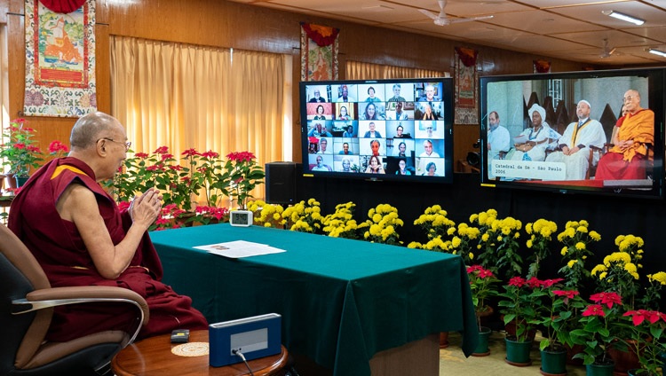 His Holiness the Dalai Lama watching a video of recalling his four previous visits to Brazil at the end of his conversation on Educating the Heart online his residence in Dharamsala, HP, India on November 24, 2021. Photo by Ven Tenzin Jamphel