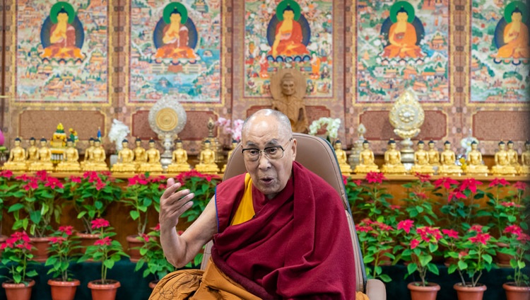 His Holiness the Dalai Lama speaking during his conversation with Father Laurence Freeman on Unified Consciousness: One Mind, One Heart online from his residence in Dharamsala, HP, India on December 1, 2021. Photo by Ven Tenzin Jamphel