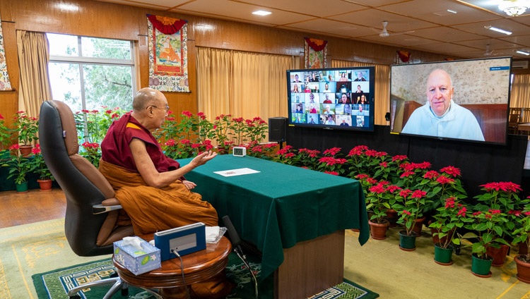 His Holiness the Dalai Lama and his old friend Father Laurence Freeman OSB, Director of The World Community for Christian Meditation exchanging greetings at the start of their online conversation on December 1, 2021. Photo by Ven Tenzin Jamphel