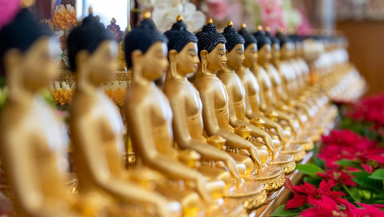 A view of the Buddha statues arranged behind His Holiness the Dalai Lama during his conversation with Father Laurence Freeman on Unified Consciousness: One Mind, One Heart online from his residence in Dharamsala, HP, India on December 1, 2021. Photo by Ven Tenzin Jamphel