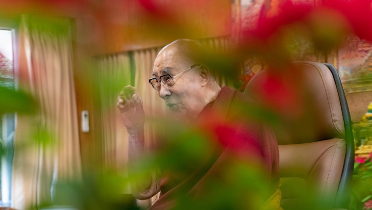 His Holiness the Dalai Lama answering questions from the virtual audience during his conversation on Unified Consciousness: One Mind, One Heart online from his residence in Dharamsala, HP, India on December 1, 2021. Photo by Ven Tenzin Jamphel