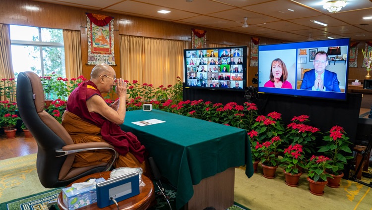 Mind and Life president Susan Bauer-Wu introducing the moderator John Dunne, Distinguished Chair in Contemplative Humanities at the Center for Healthy Minds and department chair of Asian Languages and Cultures at the University of Wisconsin–Madison, at the start of their dialogue with His Holiness the Dalai Lama online from his residence in Dharamsala, HP, India on December 8, 2021. Photo by Ven Tenzin Jamphel