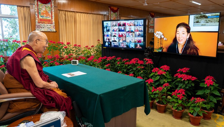 Professor Michelle Shiota, psychologist and Director of the Substance Use and Addiction Translational Research Network at Arizona State University, asking His Holiness the Dalai Lama a question during their online dialogue on ‘Embracing Hope, Courage, and Compassion in Times of Crisis’ on December 8, 2021. Photo by Ven Tenzin Jamphel