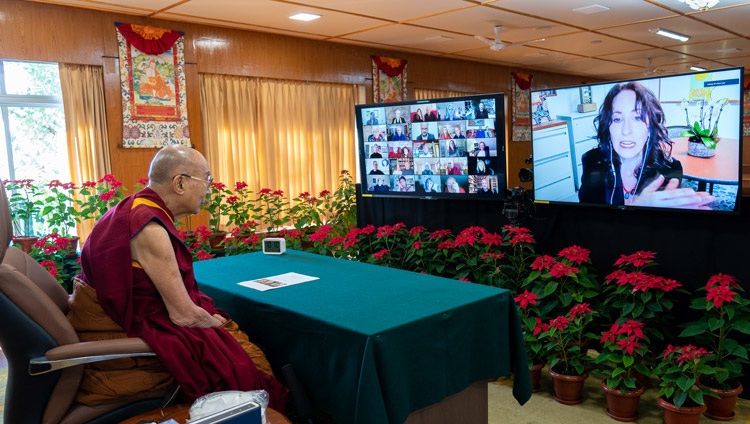 His Holiness the Dalai Lama listening to Professor Elissa Epel, a health psychologist and Vice Chair in the Department of Psychiatry at University of California San Francisco, during their online dialogue on December 8, 2021. Photo by Ven Tenzin Jamphel