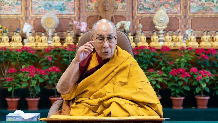 His Holiness the Dalai Lama addressing the virtual audience during a program organized by members of the Gaden Shartse Centre, Taiwan to celebrate his having been awarded the Nobel Peace Prize in 1989 from his residence in Dharamsala, HP, India on December 11, 2021. Photo by Ven Tenzin Jamphel