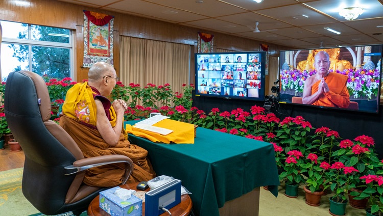 Chief Venerable Phrabhodhinandhamunee delivering the welcome address on the first day of His Holiness the Dalai Lama's online teaching on the 'The Maha-Satipatthana Sutta' on December 17, 2021. Photo by Ven Tenzin Jamphel