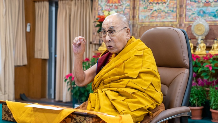 His Holiness the Dalai Lama speaking on the first day of his teaching on the 'The Maha-Satipatthana Sutta' online from his residence in Dharamsala, HP, India on December 17, 2021. Photo by Ven Tenzin Jamphel