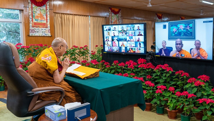 Members of the Theravada Buddhist Council in Malaysia chanting in Pali at the start of the second day of His Holiness the Dalia Lama's teaching online from his residence in Dahramsala, HP, India on December 18, 2021. Photo by Ven Tenzin Jamphel