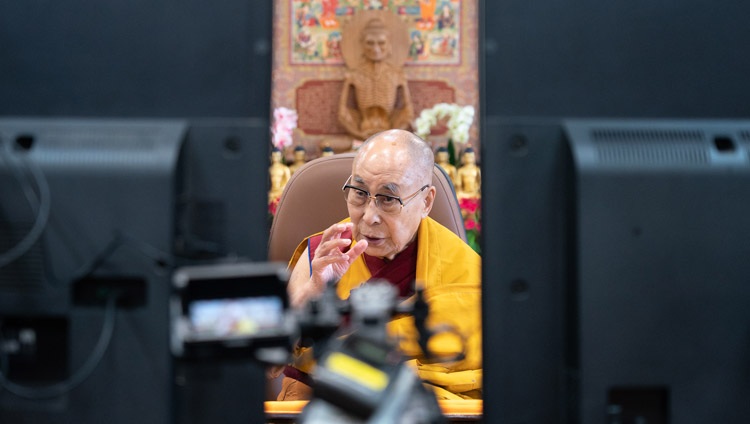 His Holiness the Dalai Lama addressing the virutal audience on the second day of his teaching requested by Buddhist groups in South and South-east Asia online from his residence in Dharamsala, HP, India on December 18, 2021. Photo by Ven Tenzin Jamphel