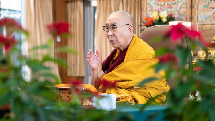 His Holiness the Dalai Lama speaking on the second day of his teaching on the 'The Maha-Satipatthana Sutta' online from his residence in Dharamsala, HP, India on December 18, 2021. Photo by Ven Tenzin Jamphel