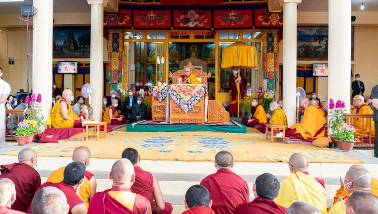 His Holiness the Dalai Lama addressing the crowd gathered to celebrate the Day of Miracles at the Main Tibetan Temple in Dharamsala, HP, India on March 18, 2022. Photo by Ven Tenzin Jamphel