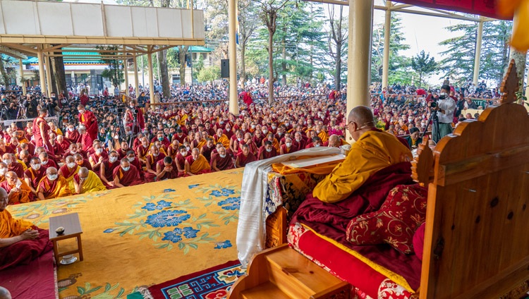 His Holiness the Dalai Lama speaking to the crowd gathered at the Main Tibetan Temple in Dharamsala, HP, India to celebrate the Day of Miracles on March 18, 2022. Photo by Ven Tenzin Jamphel