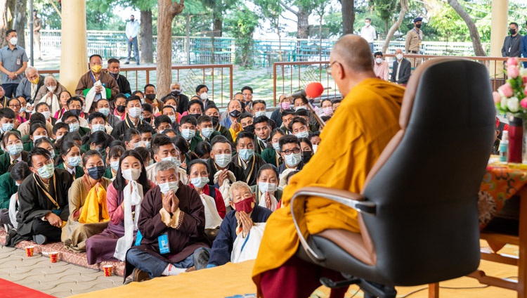 His Holiness the Dalai Lama addressing the participants of the 25th Sho-tön Opera Festival and members of the Umaylam (Middle Way Approach) Association in the courtyard of the Main Tibetan Temple in Dharamsala, HP, India on April 7, 2022. Photo by Tenzin Choejor