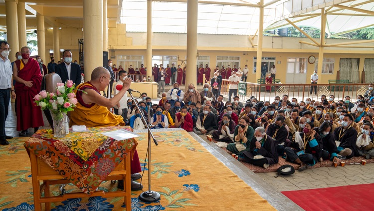 His Holiness the Dalai Lama speaking at the conclusion of his meeting with participants of the 25th Sho-tön Opera Festival and members of the Umaylam (Middle Way Approach) Association in the courtyard of the Main Tibetan Temple in Dharamsala, HP, India on April 7, 2022. Photo by Tenzin Choejor