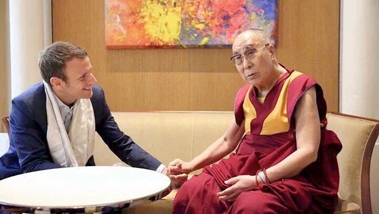 His Holiness the Dalai Lama and Emmanue Macron in 2016.