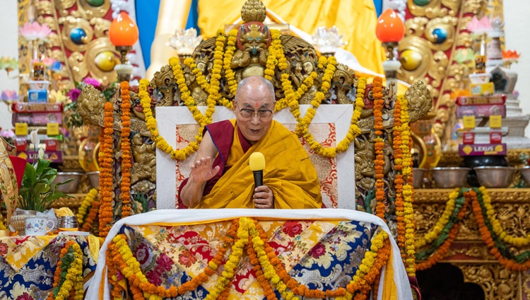 His Holiness the Dalai Lama addressing the gathering at the Main Tibetan Temple during the Long Life Offering presented by members of the Sakya Tradition of Tibetan Buddhism in Dharamsala, HP, India on May 25, 2022. Photo by Tenzin Choejor