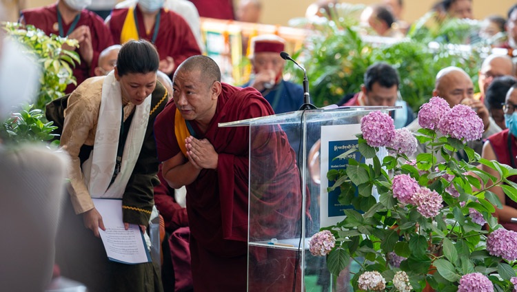 Venerable Lobsang Monlam paying his respects to His Holiness the Dalai Lama after delivering his remarks at the launch of the Monlam Grand Tibetan Dictionary at the Main Tibetan Temple in Dharamsala, HP, India on May 27, 2022. Photo by Tenzin Choejor