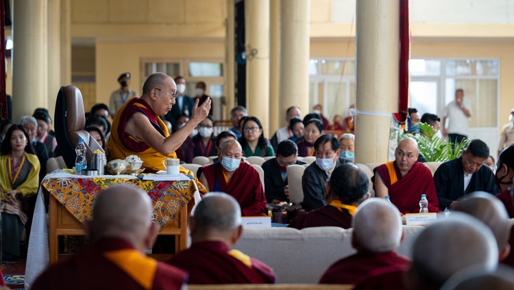 His Holiness the Dalai Lama addressing the crowd at the launch of the Monlam Grand Tibetan Dictionary at the Main Tibetan Temple in Dharamsala, HP, India on May 27, 2022. Photo by Tenzin Choejor