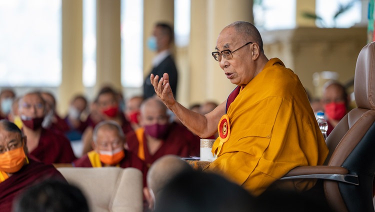 His Holiness the Dalai Lama speaking at the launch of the Monlam Grand Tibetan Dictionary at the Main Tibetan Temple in Dharamsala, HP, India on May 27, 2022. Photo by Tenzin Choejor