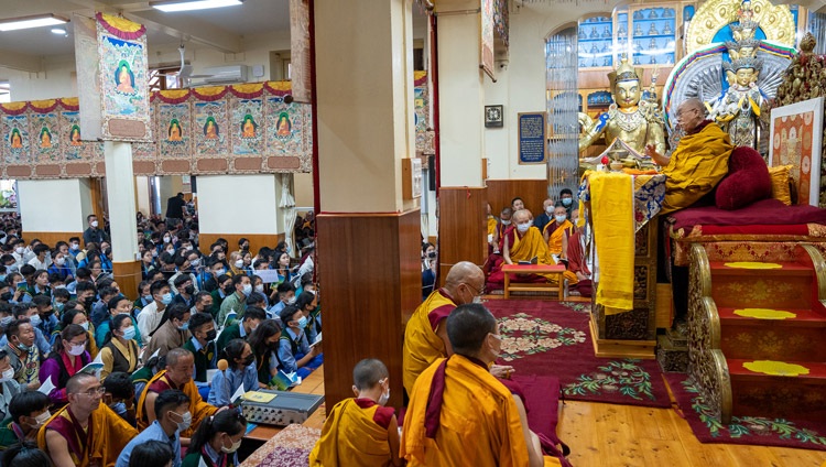 His Holiness the Dalai Lama speaking on the first day of his Teachings for Tibetan Youth at the Main Tibetan Temple in Dharamsala, HP, India on June 1, 2022. Photo by Tenzin Choejor