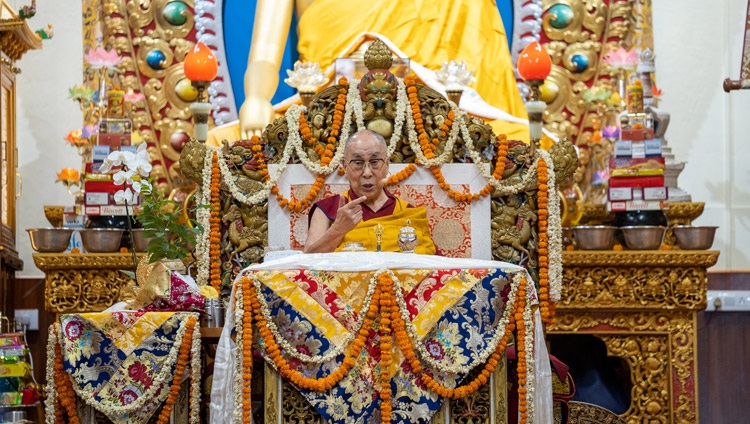 His Holiness the Dalai Lama speaking on the first day of his two day teaching at the Main Tibetan Temple in Dharamsala, HP, India on June 13, 2022. Photo by Tenzin Choejor