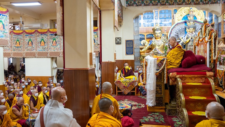 A view inside the Main Tibetan Temple on the first day of His Holiness the Dalai Lamam's two day teaching in Dharamsala, HP, India on June 13, 2022. Photo by Tenzin Choejor