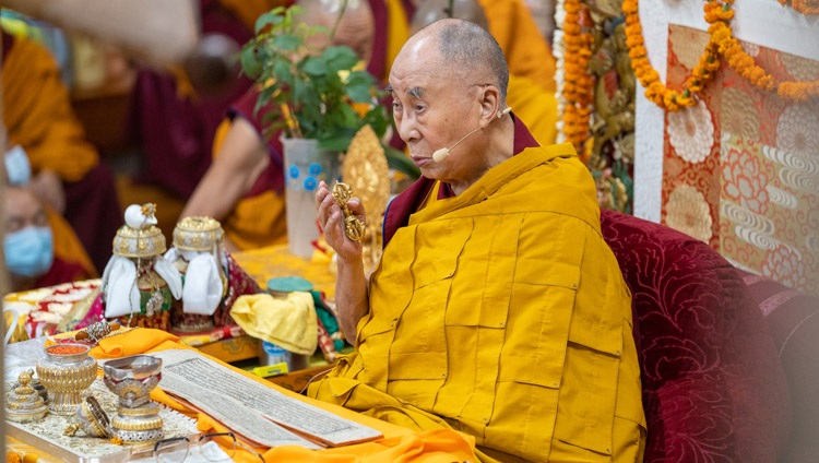 His Holiness the Dalai Lama engaging in preliminary rituals in preparation for the Avalokiteshvara Jinasagara Empowerment at the Main Tibetan Temple in Dharamsala, HP, India on June 14, 2022. Photo by Tenzin Choejor