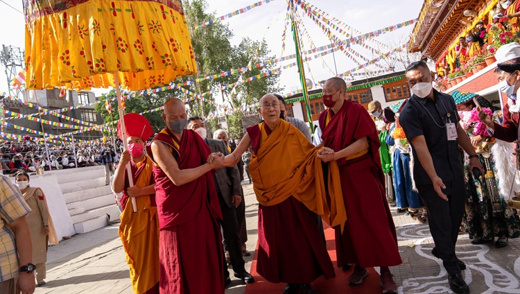 His Holiness the Dalai Lama arriving at the Jokhang in Leh, Ladakh, UT, India on July 23, 2022. Photo by Tenzin Choejor