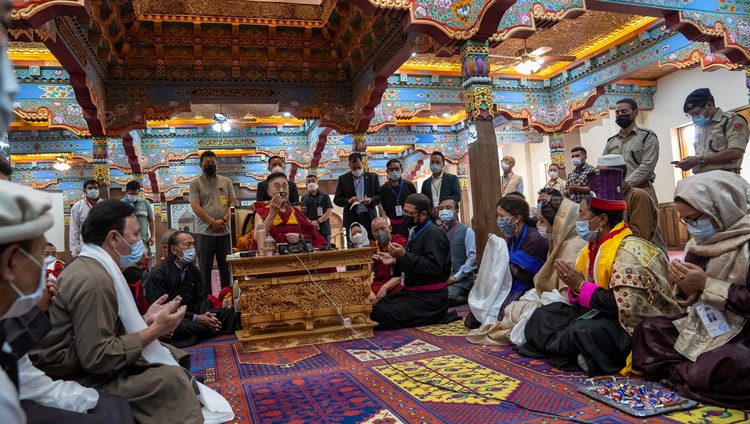 His Holiness the Dalai Lama speaking to members of the Sunni community at the Jama Masjid in Leh, Ladakh, UT, India on July 23, 2022. Photo by Tenzin Choejor