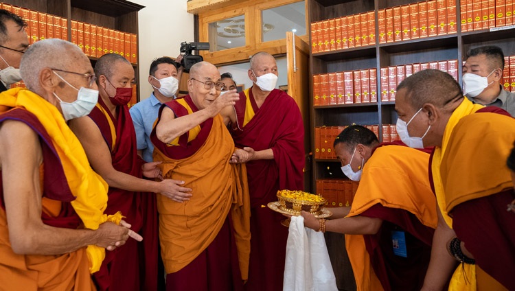 His Holiness the Dalai Lama consecrating the newly constructed Thiksey Library and Learning Centre at Tiksey Monastery in Leh, Ladakh, UT, India on July 25, 2022. Photo by Tenzin Choejor