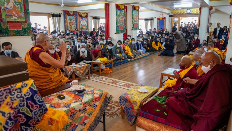 His Holiness the Dalai Lama speaking to dignitaries gathered to greet him on his arrival at Shewatsel Phodrang in Leh, Ladakh, India on July 15, 2022. Photo by Tenzin Choejor