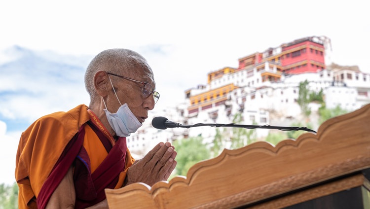 Thiksey Rinpoché delivering his welcoming address at the start of His Holiness the Dalai Lama's talk to students at the teaching ground at the Library and Learning Centre at Tiksey Monastery in Leh, Ladakh, UT, India on July 25, 2022. Photo by Tenzin Choejor