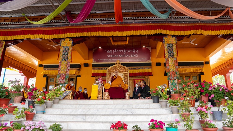 His Holiness the Dalai Lama addressing the gathering at the teaching ground at the Library and Learning Centre at Tiksey Monastery in Leh, Ladakh, UT, India on July 25, 2022. Photo by Tenzin Choejor