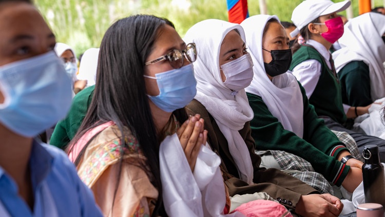 Some of the more than 3000 students from 15 schools listening to His Holiness the Dalai Lama speaking at the teaching ground at the Library and Learning Centre at Tiksey Monastery in Leh, Ladakh, UT, India on July 25, 2022. Photo by Tenzin Choejor