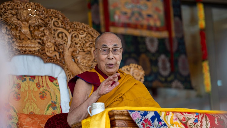 His Holiness the Dalai Lama addressing the gathering on the first day of his teachings at the Shewatsel Teaching Ground in Leh, Ladakh, UT, India on July 28, 2022. Photo by Tenzin Choejor