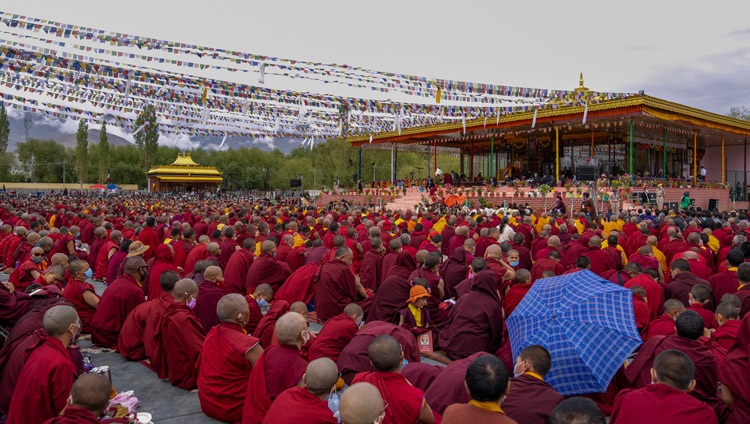 A view of the stage at the Shewatsel Teaching Ground on the first day of His Holiness the Dalai Lama's teaching in Leh, Ladakh, UT, India on July 28, 2022. Photo by Tenzin Choejor