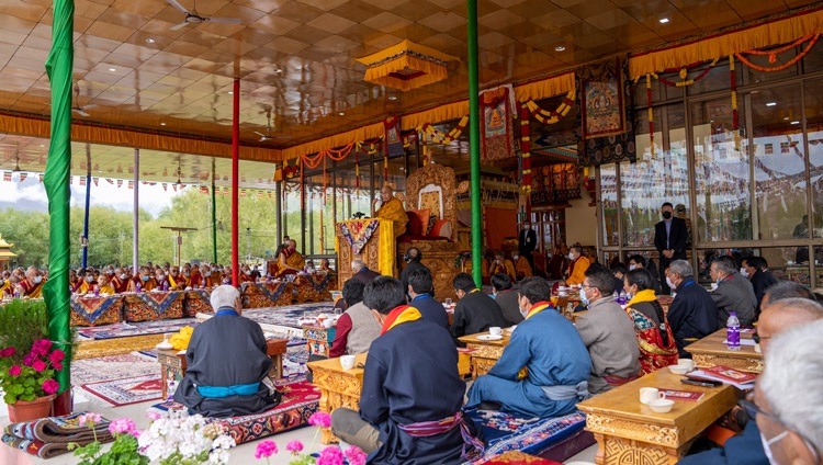 His Holiness the Dalai Lama speaking on the first day of his teachings at the Shewatsel Teaching Ground in Leh, Ladakh, UT, India on July 28, 2022. Photo by Tenzin Choejor