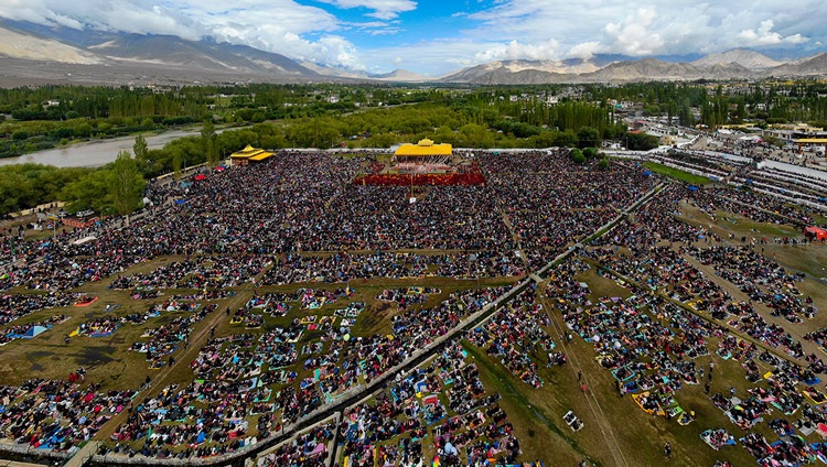 An view of the more than 70,000 people attending the Avalokiteshvara Empowement at the Shewatsel Teaching Ground in Leh, Ladakh, UT, India on July 30, 2022. Drone photo courtesy Ladakh Police