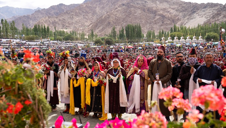 Members of the Ladakhi community performing a song for during the Long Life Offering prayers for His Holiness the Dalai Lama at the Shewatsel Teaching Ground in Leh, Ladakh, UT, India on July 30, 2022. Photo by Tenzin Choejor