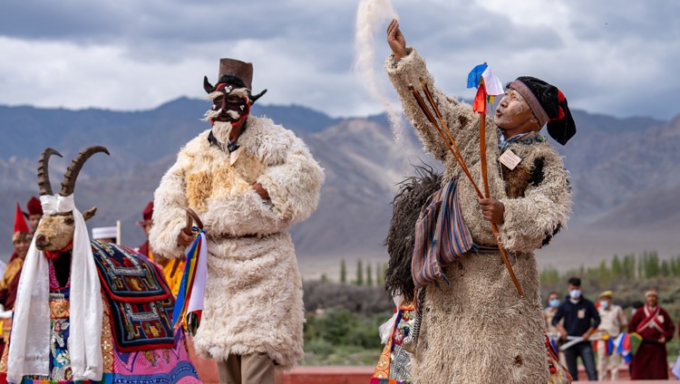 Artists performing traditional dance during the during the ceremony presenting the Ladakh dPal rNgam Dusdon Award 2022 to His Holiness the Dalai Lama at Sindhu Ghat in Leh, Ladakh, UT, India on August 5, 2022. Photo by Tenzin Choejor